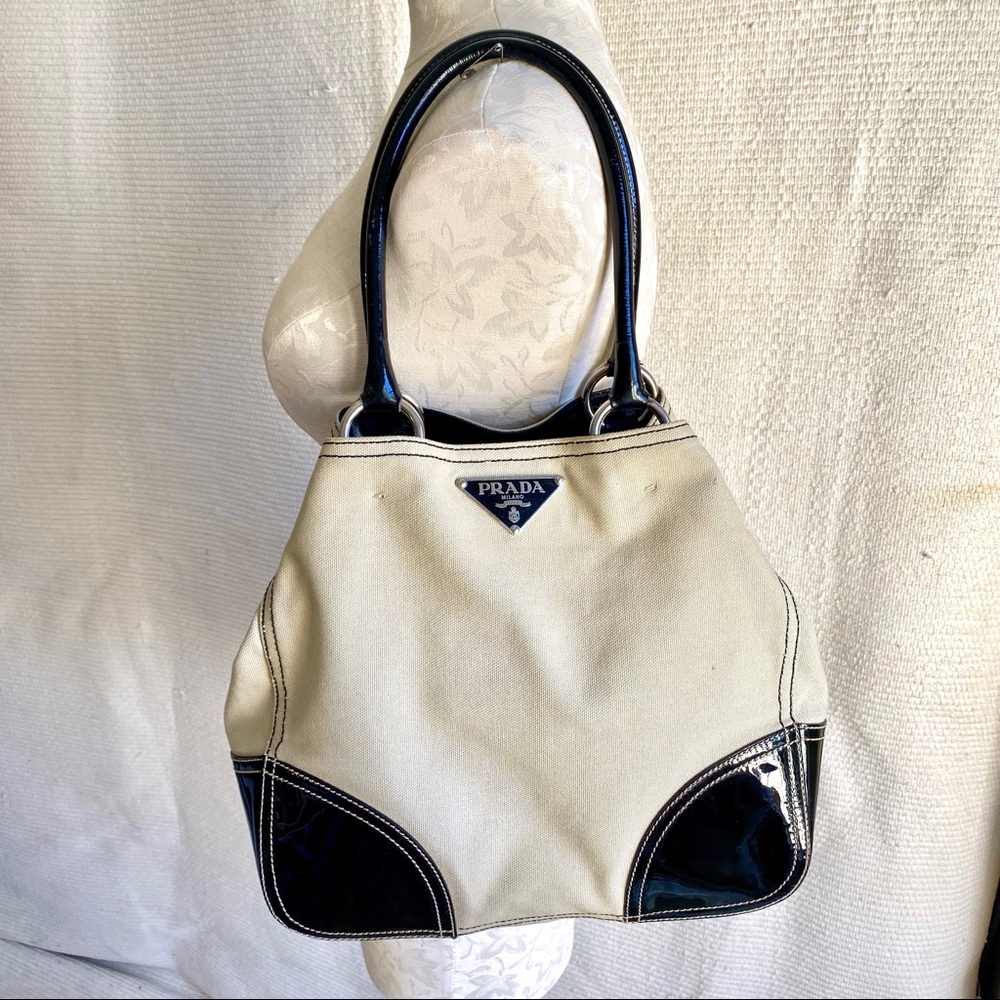 Prada Vintage 90s Patent Leather Canvas Tote Bag